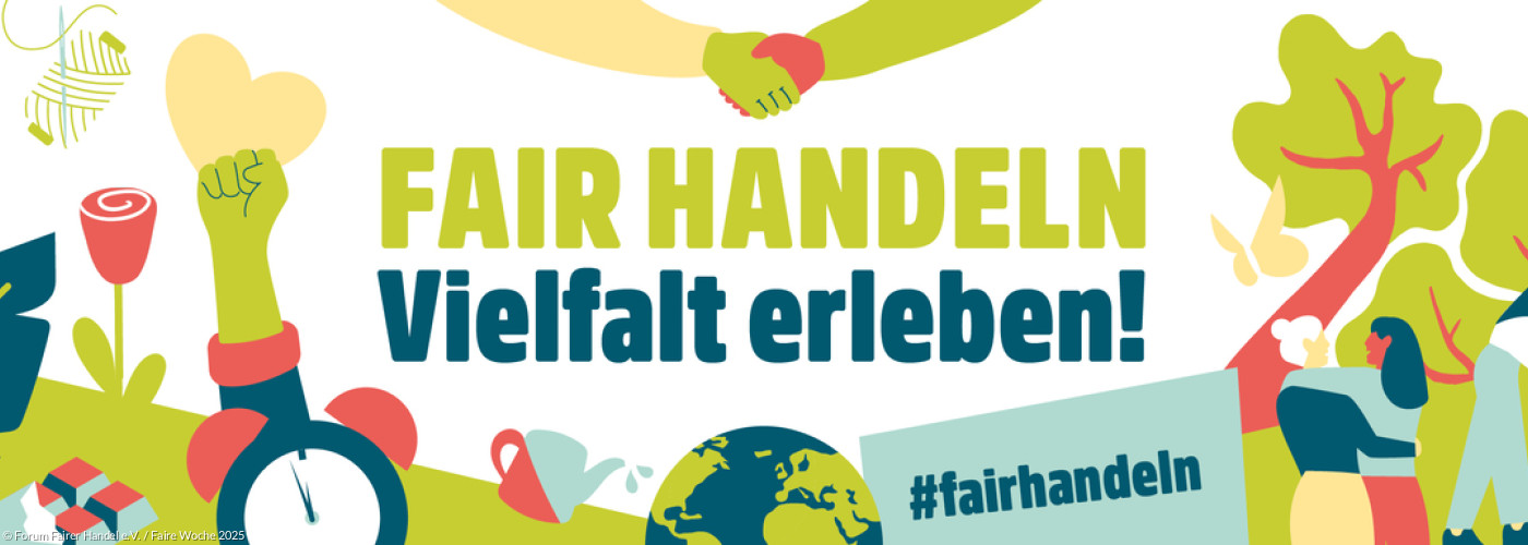 Logo der Fairen Woche 2025 (Mottoschild „Fair Handeln - Vielfalt erleben!“); ©: Forum Fairer Handel e.V. / Faire Woche 2025 Logo der Fairen Woche 2025 (Mottoschild „Fair Handeln - Vielfalt erleben!“)