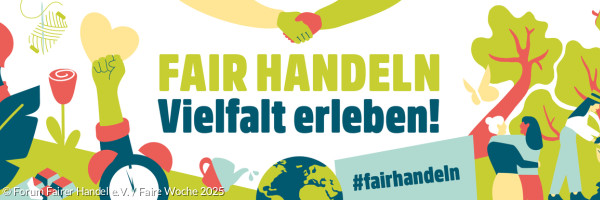 Logo der Fairen Woche 2025 (Mottoschild „Fair Handeln - Vielfalt erleben!“)
