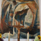 Altarbild „Ausgespannt“ der Friedenskirche in Kemnath (mit Kerzen und Kreuz) von Schwester Christamaria Schröter