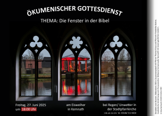 dunkel umrandete Wirbenzer Kirchenfenster mit Blick auf den Pavillon am Eisweiher in Kemnath (Plakat für den ökumenischen Gottesdienst Ende Juni 2025)