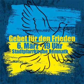 Plakat in blau-gelber Farbe mit Friedenstaube