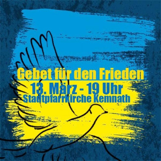 Plakat in blau-gelber Farbe mit Friedenstaube