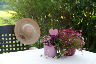 Stilleben mit Blumen zum Muttertag und Sonnenhut im Hintergrund auf der Gartenbank
