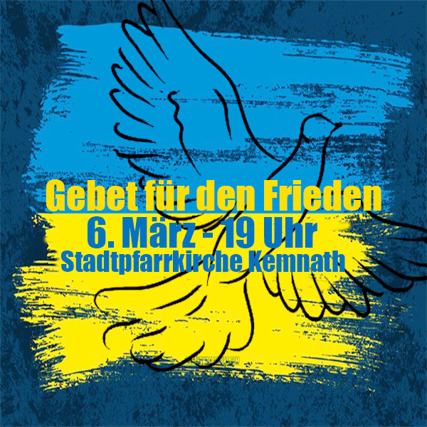 Plakat in blau-gelber Farbe mit Friedenstaube