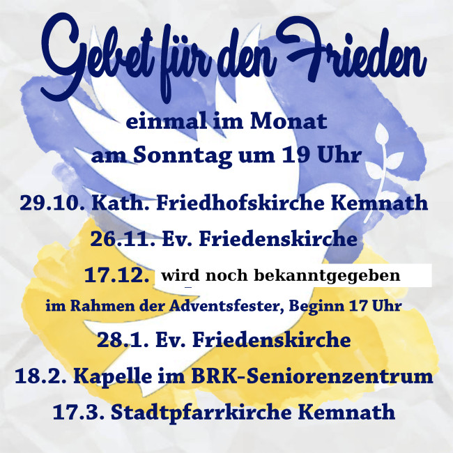 ökumenische Friedensgebete mit Terminen von Oktober 2023 bis März 2024 als Plakat