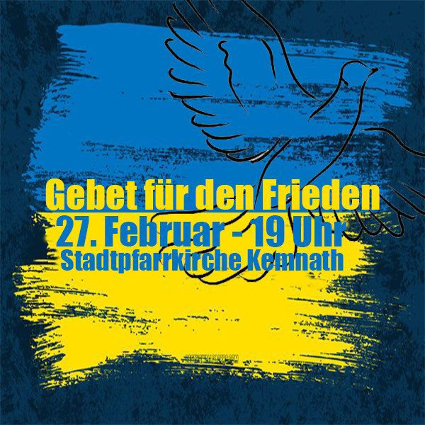 Plakat in blau-gelber Farbe mit Friedenstaube